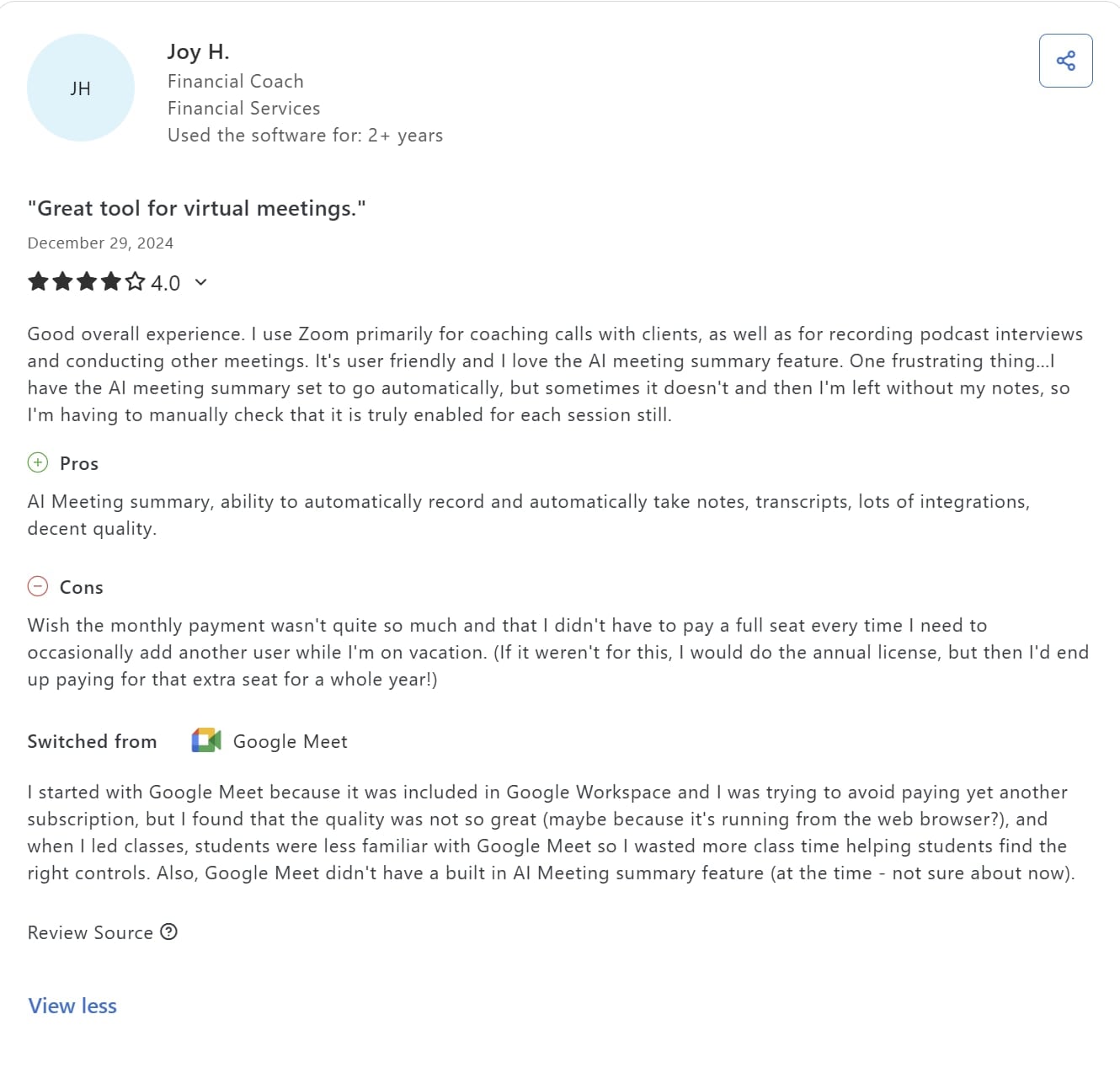 A 4 star review for Zoom on Capterra.