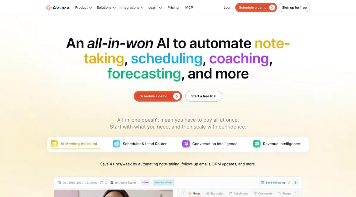 Avoma homepage covering notes, scheduling, coaching and forecasting