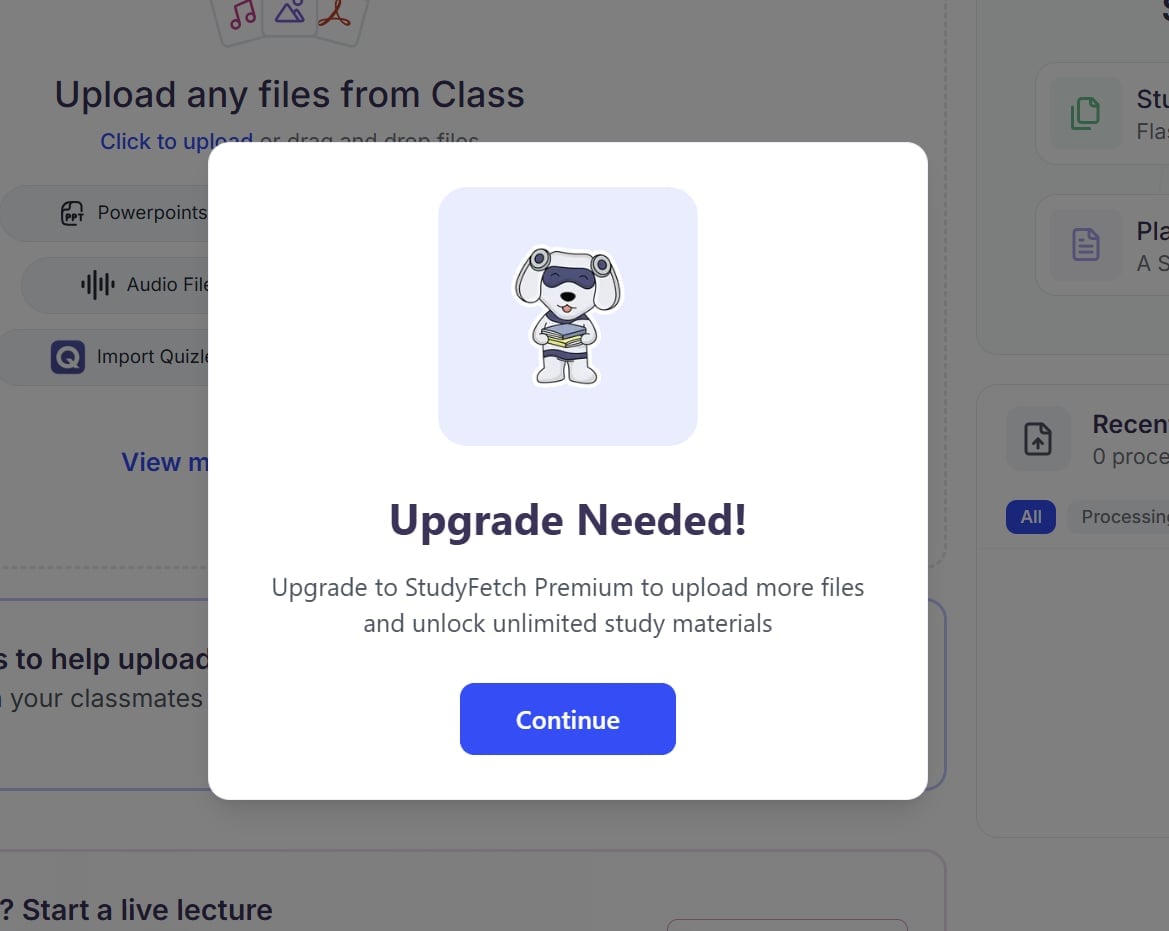 A screenshot of StudyFetch's paywall after trying to upload too many files.