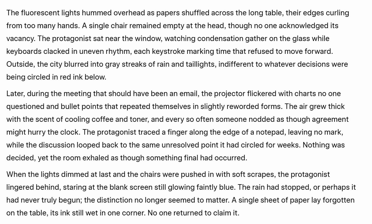 Screenshot of Grok AI's output for the creative writing test, a short story set in an office.