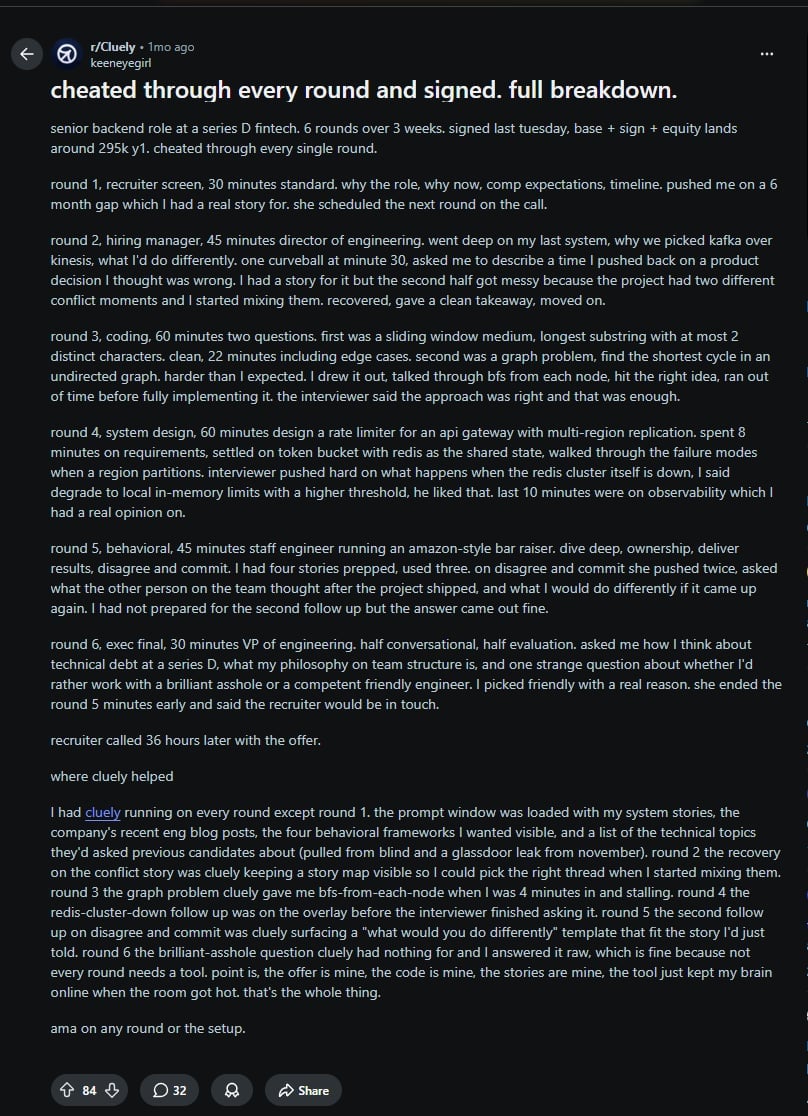 Wpis na Reddicie, w którym autor chwali aplikację Cluely za to, że pomogła mu oszukiwać podczas rozmów kwalifikacyjnych.
