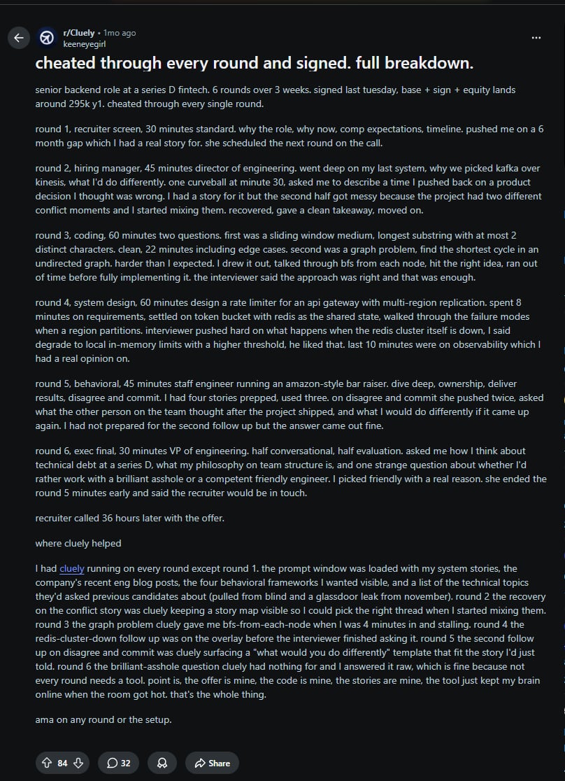 A Reddit post praising Cluely for helping it cheat through job interviews.