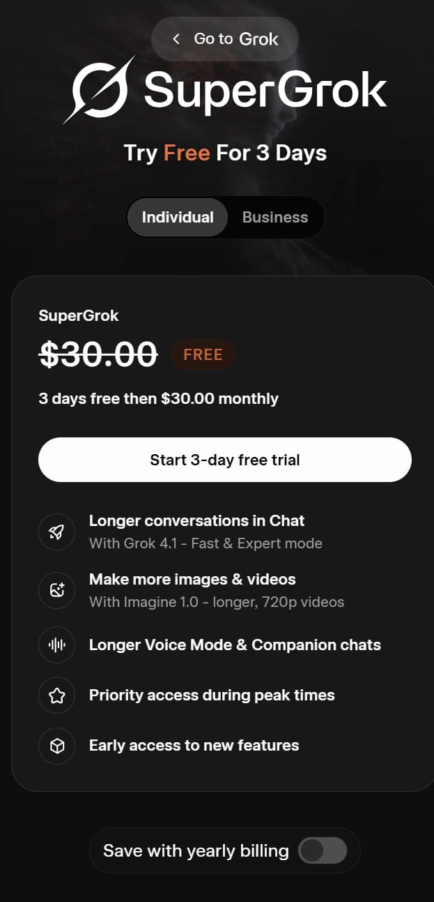 Grok AI's individual pricing plan, SuperGrok, available for $30 per month with a 3-day free trial.