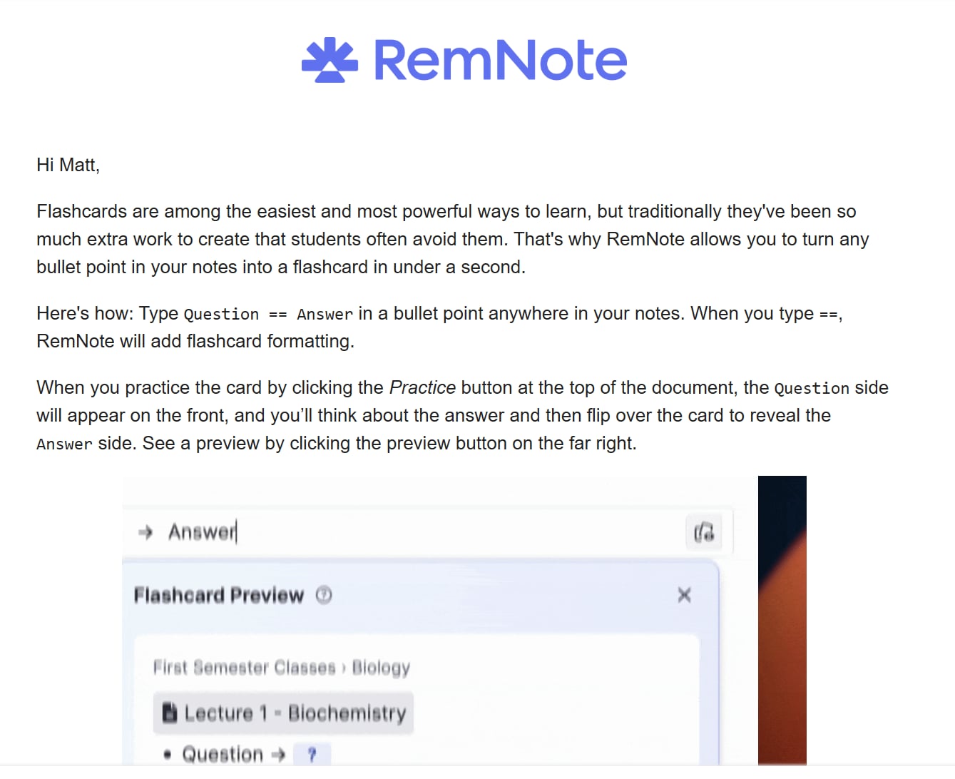 RemNote welcome email explaining how to make flashcards in seconds.