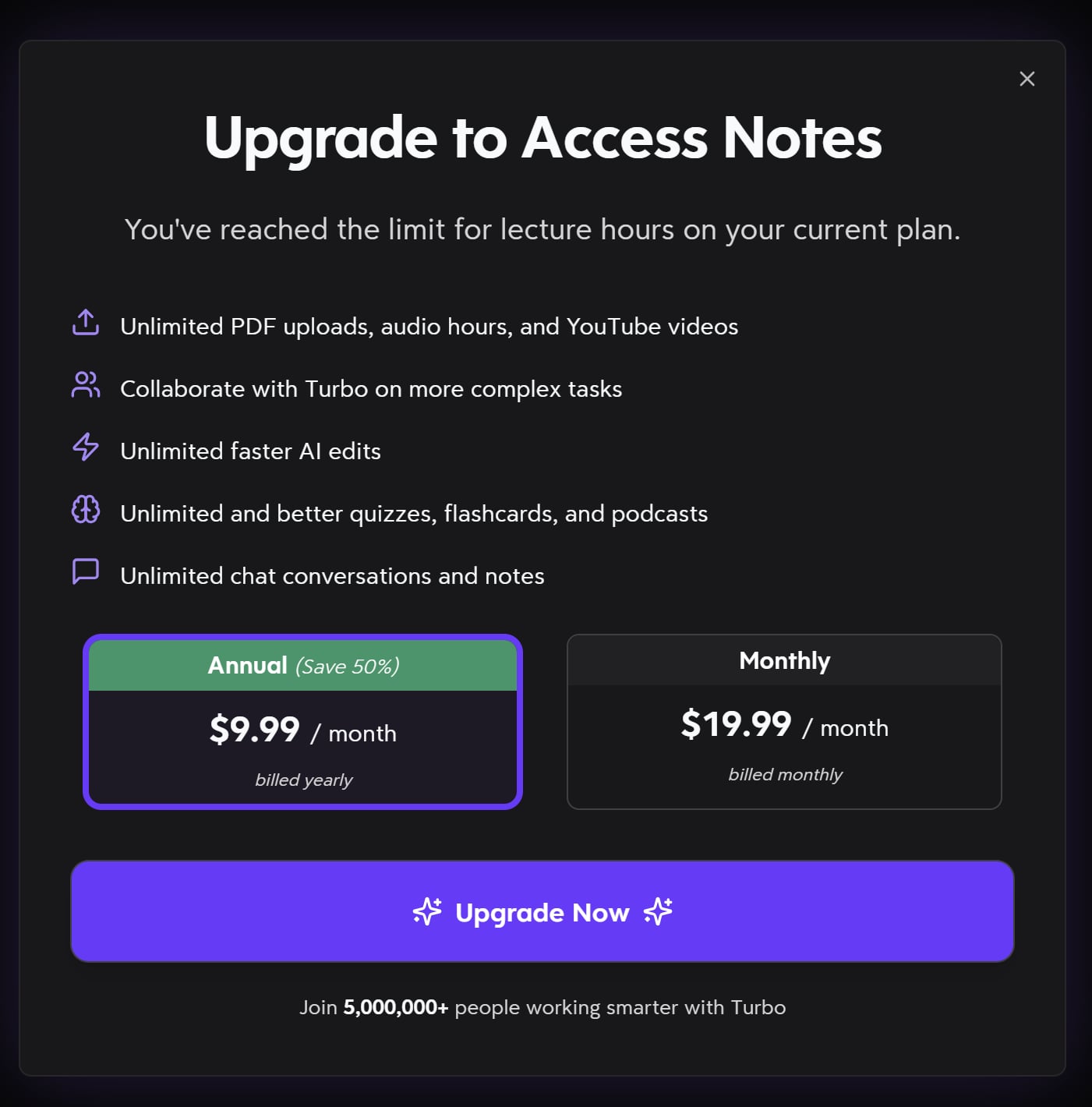 Turbo AI upsell. Turbo AI upsell screen displaying pricing details for premium subscriptions in 2026.