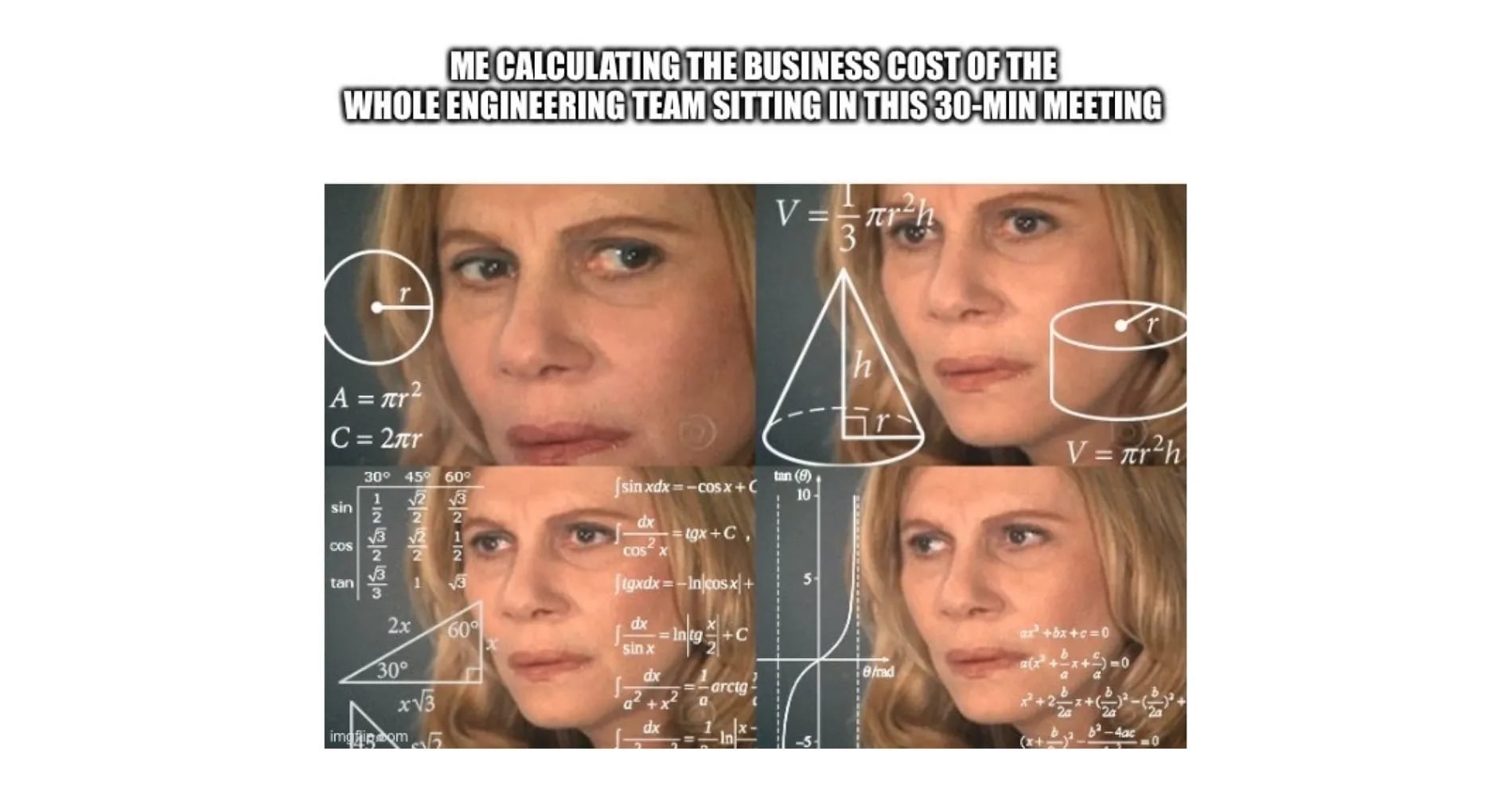 meme sobre o custo de uma reunião ser um quebra-cabeça matemático incrivelmente difícil