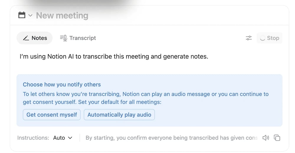 Notion AI Meeting Notes consent options and Instructions set to Auto