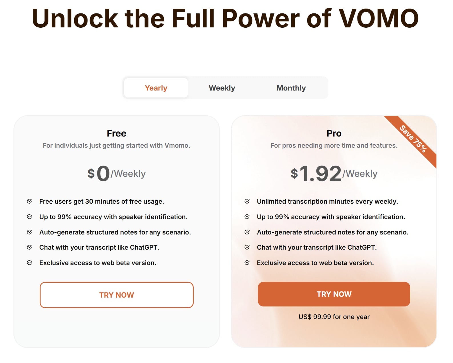 Vomo AI pricing as of Jan 2026. omo AI pricing page screenshot, detailing free and paid subscription plans for 2026.