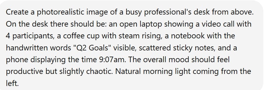 Screenshot of the image generation prompt, asking for a chaotic but productive office scene with specific technical details.