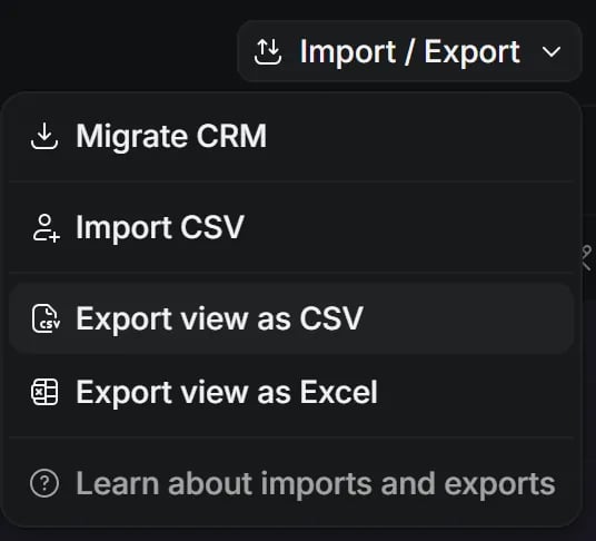 Menú de importación y exportación de Attio con opciones para exportar a CSV y Excel.