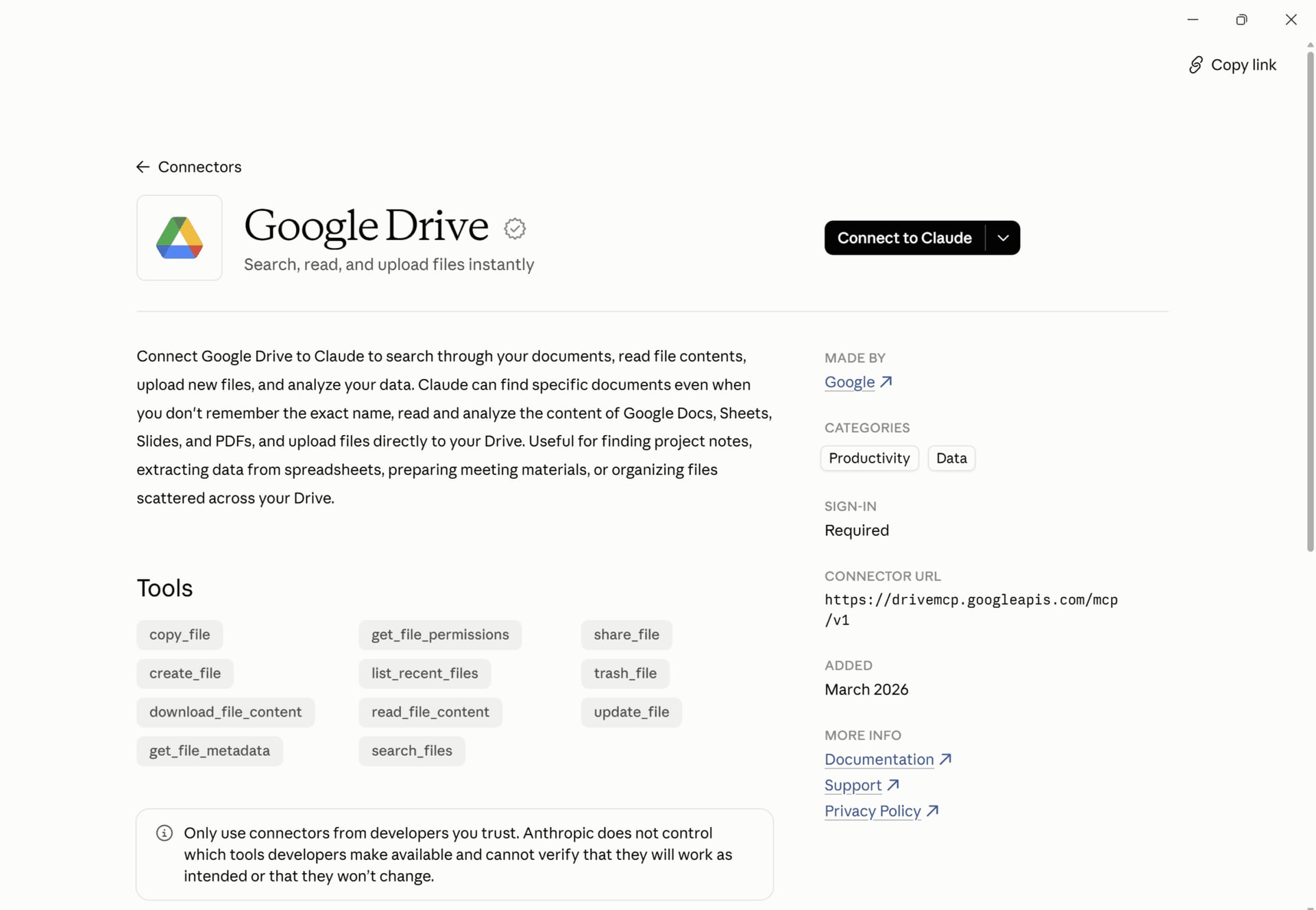 Google Drive MCP connector page in Claude showing its tools and the drivemcp.googleapis.com endpoint