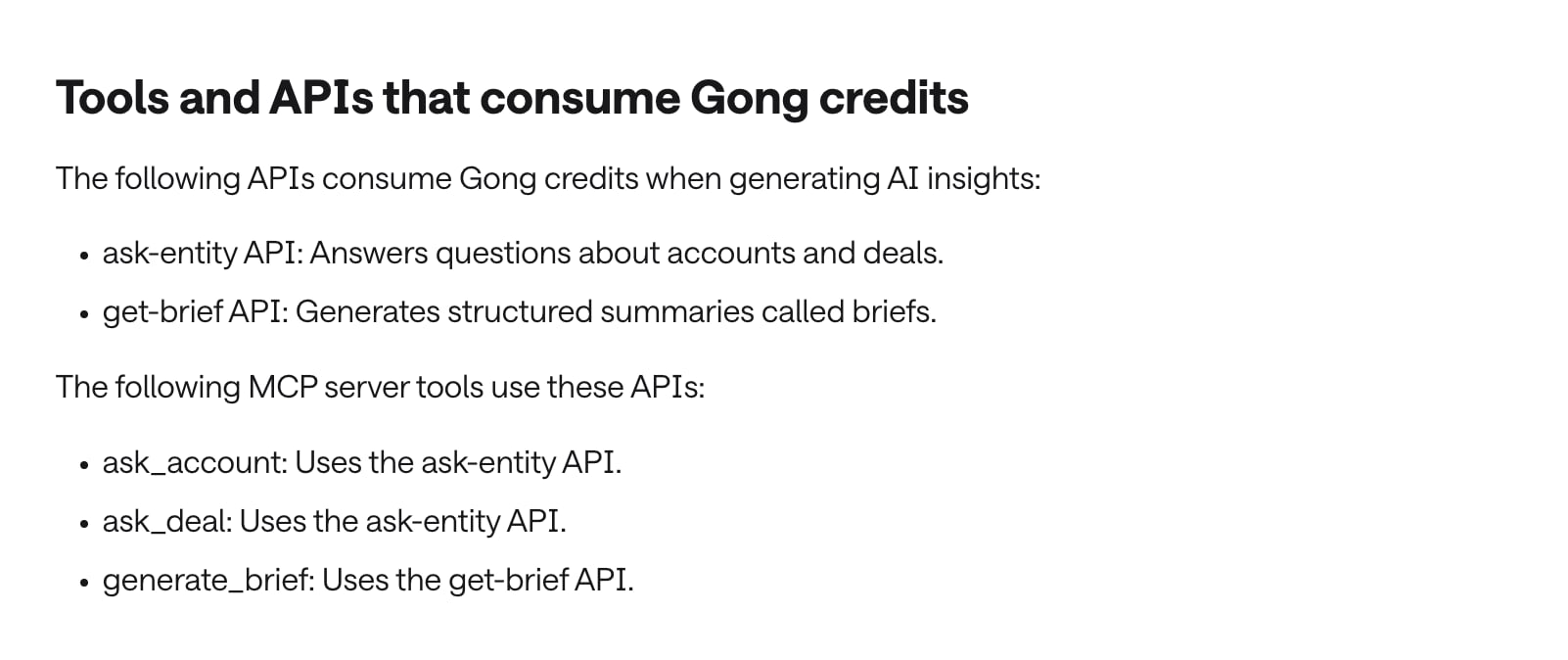 Gong documentation mapping MCP server tools to the APIs that consume Gong credits