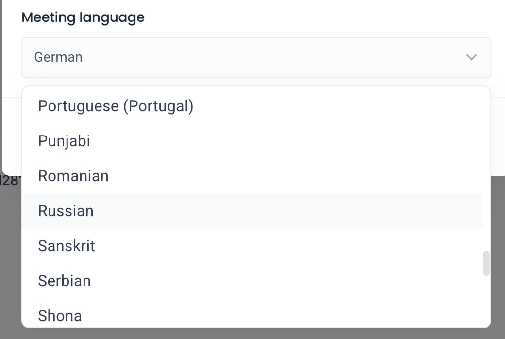 Fireflies meeting language dropdown with Russian listed among the available transcription languages