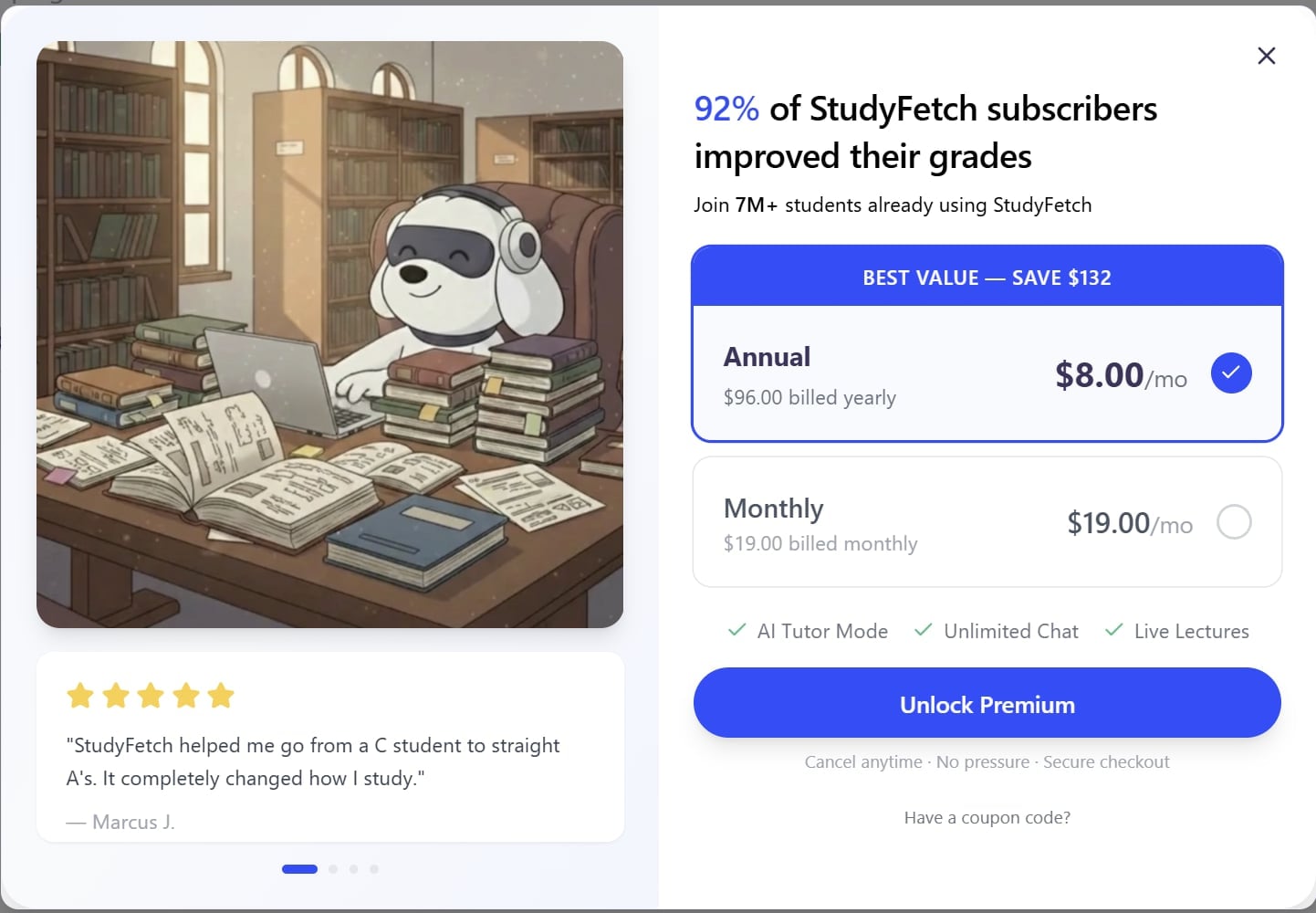 StudyFetch pricing as of March 2026.