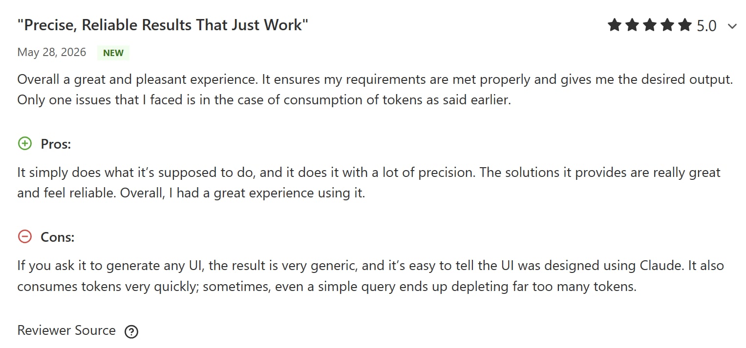 Capterra 5-star review of Claude that criticises token usage