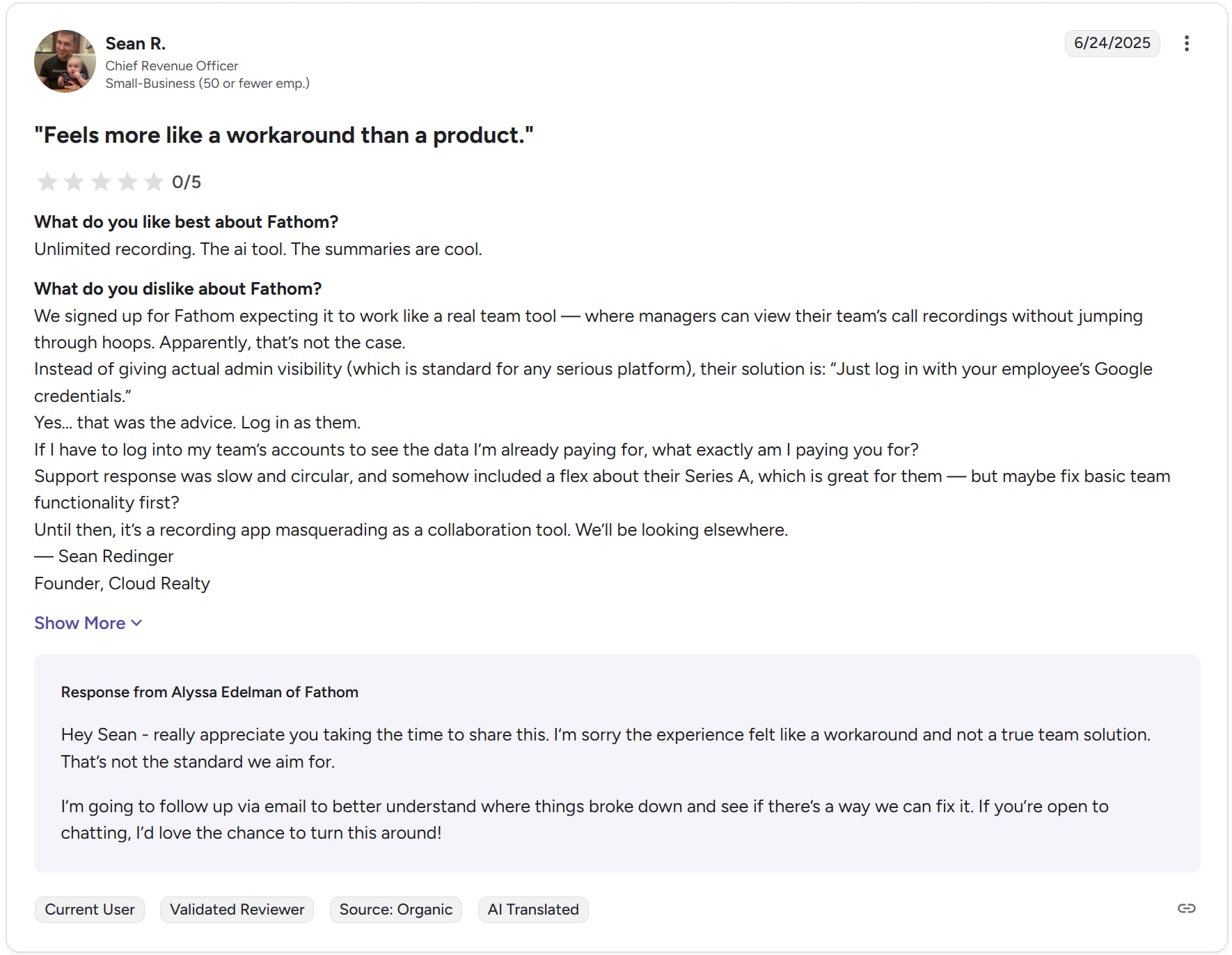 Fathom 0 star review on G2