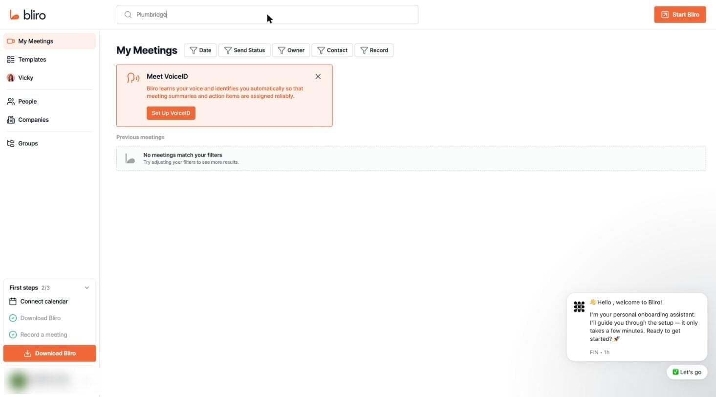 Bliro's main search returning "No meetings match your filters" for a word spoken in the test call