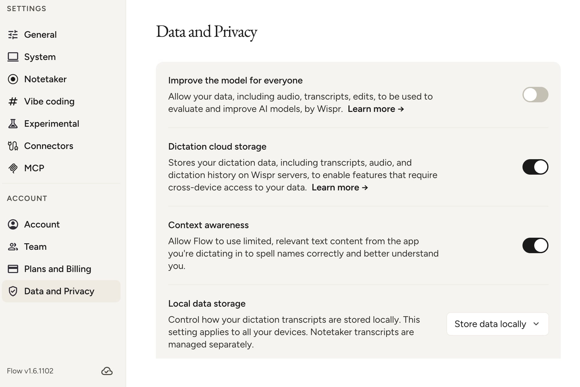 Wispr Flow Data and Privacy settings
