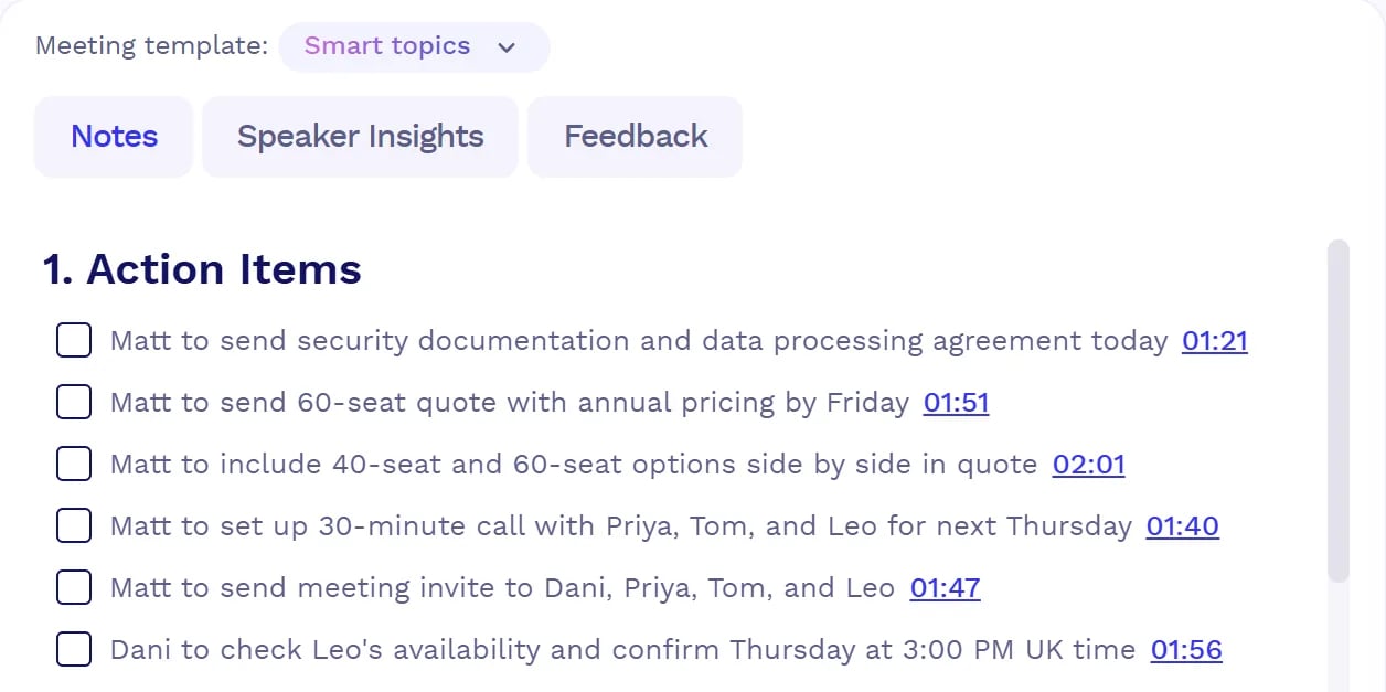 AI-generated action items with timestamps in tl;dv meeting notes