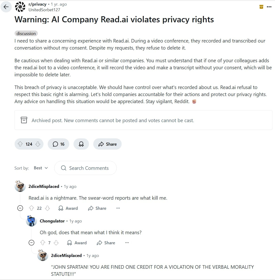Read.ai's reputation is not any better on Reddit.