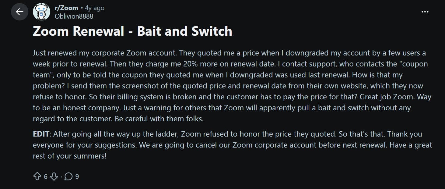 A Reddit thread about Zoom's poor billing practices.