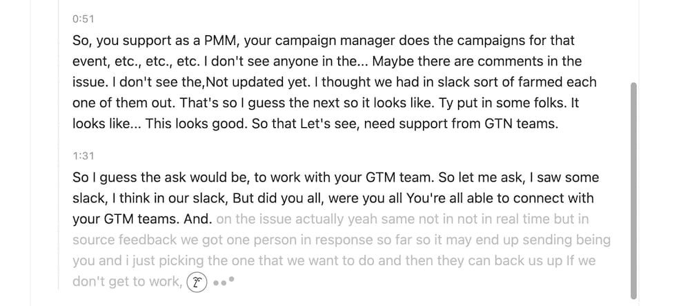 Notion AI Meeting Notes live transcript with timestamps but no speaker labels