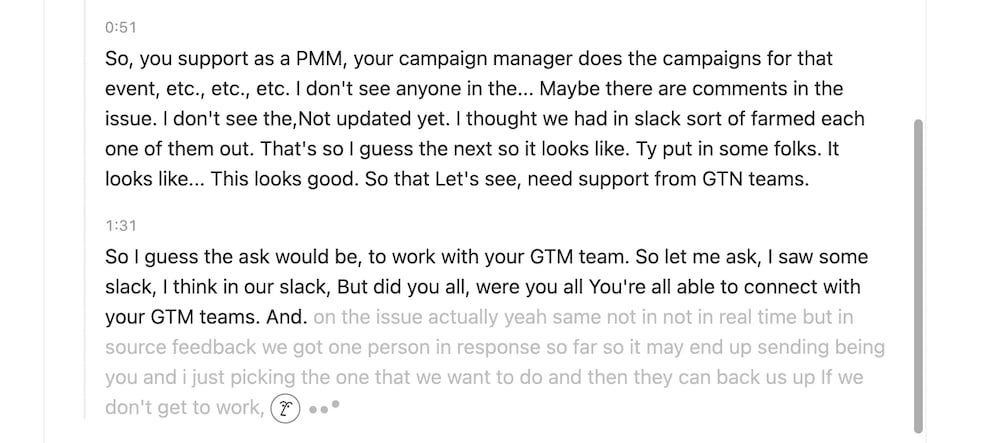 Notion AI Meeting Notes live transcript with timestamps but no speaker labels