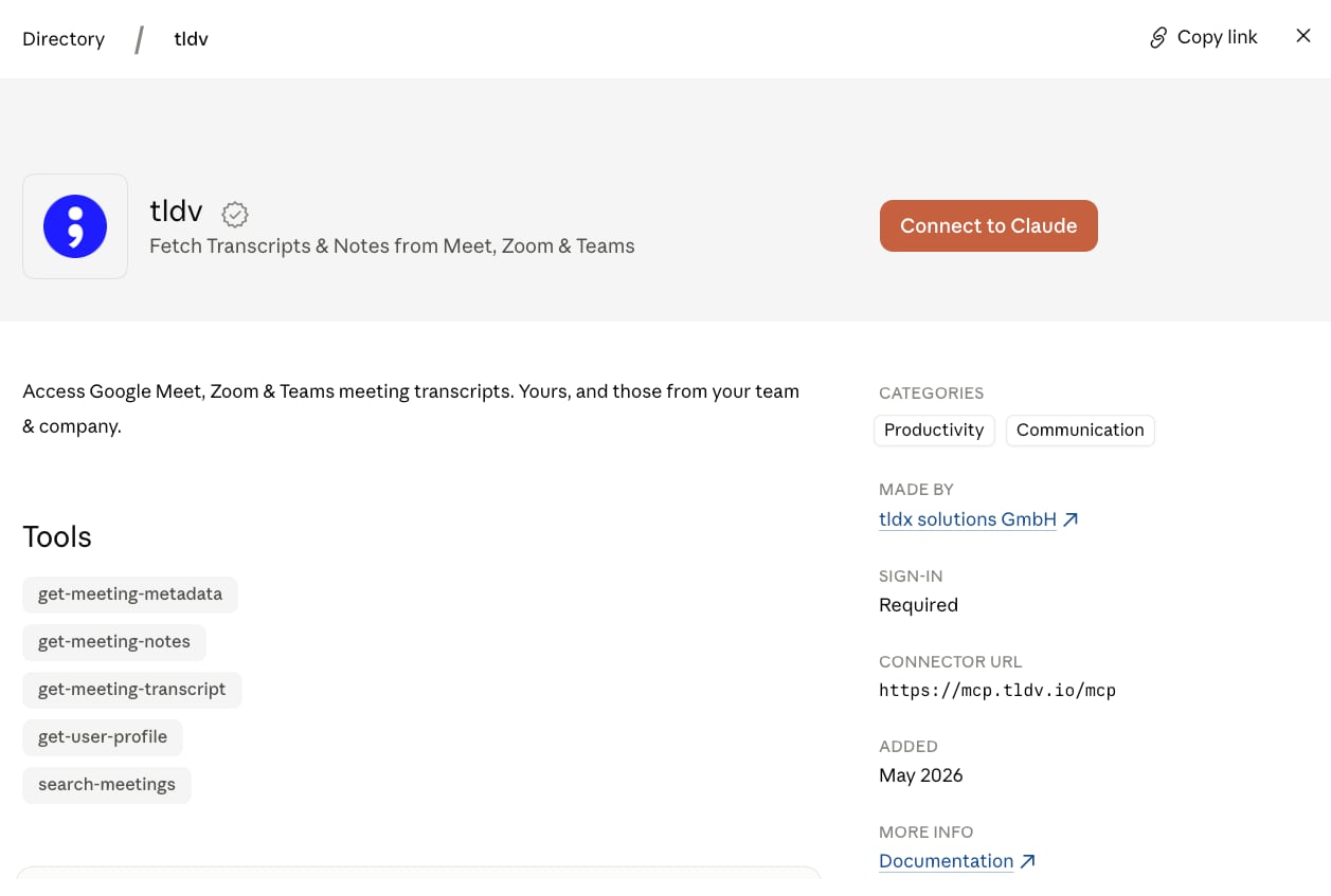 tl;dv Claude MCP connector in the Claude connectors directory
