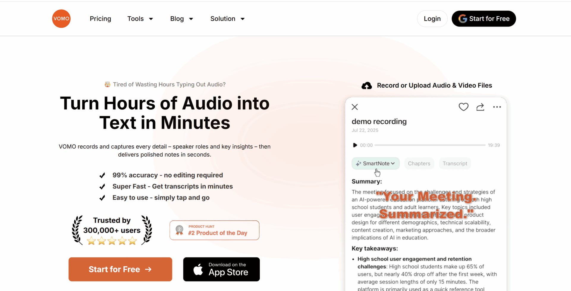 A screenshot of the Vomo AI homepage, displaying its clean interface, logo, and core features as of January 2026.