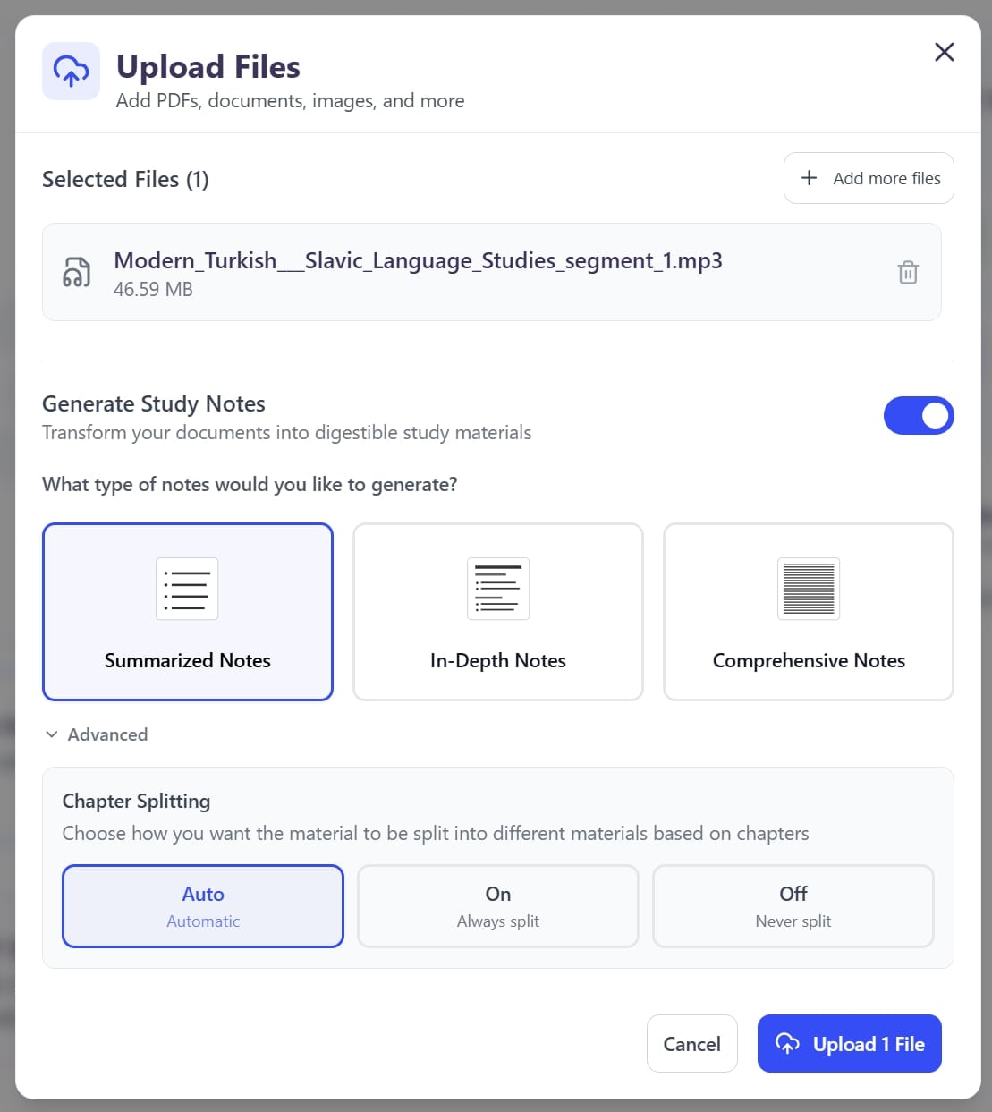 A screenshot of the upload file screen in StudyFetch.
