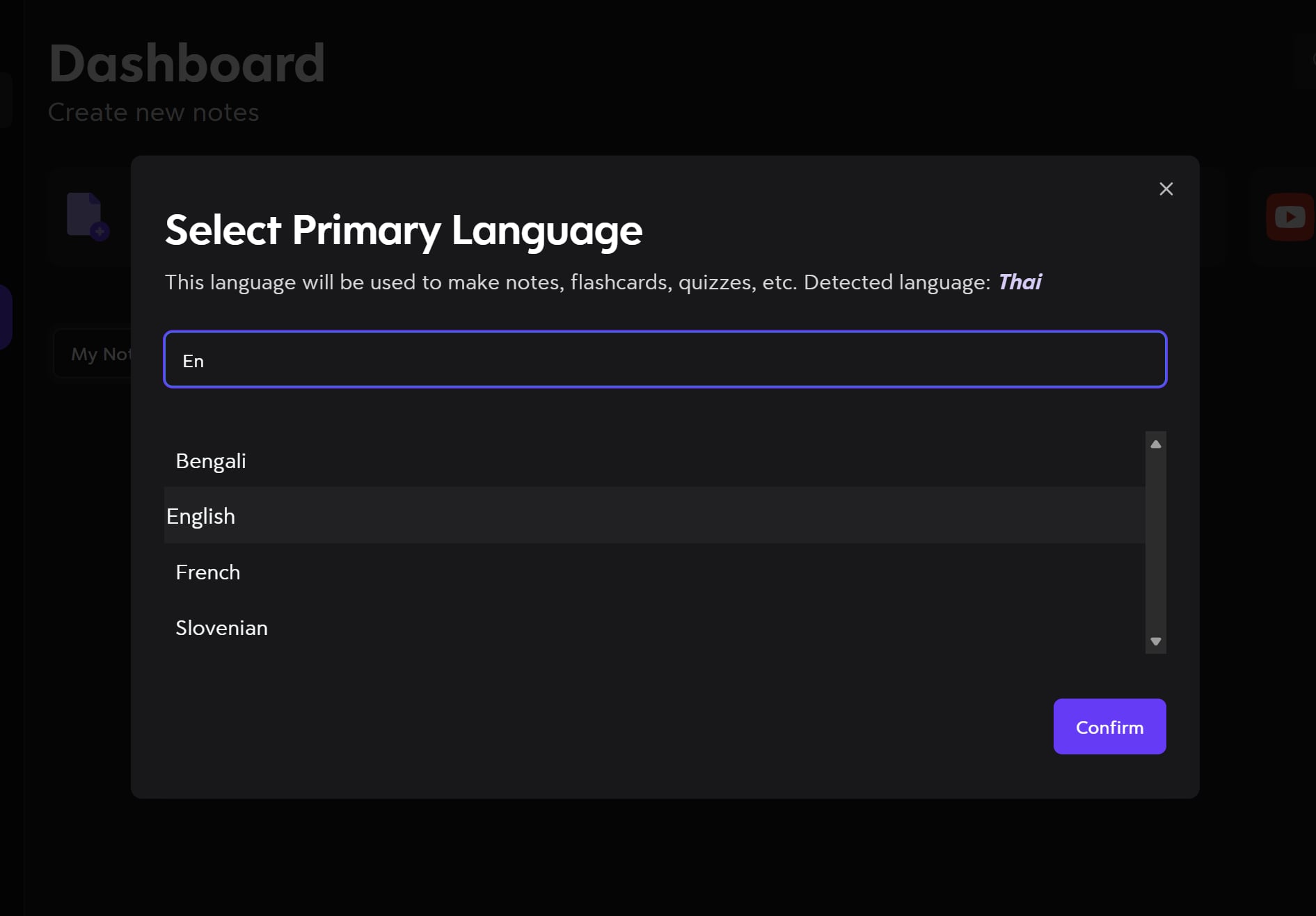 Turbo AI language selection screen for setting primary note-taking and transcription language.