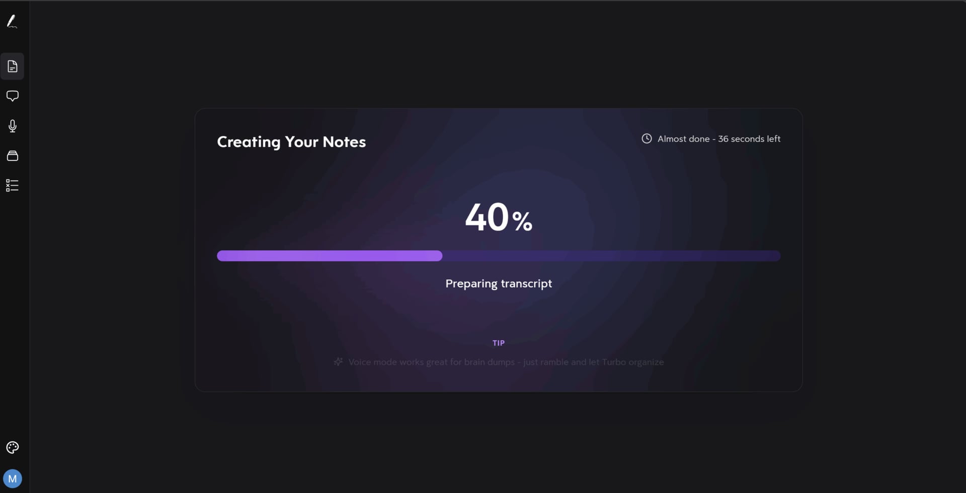 Turbo AI 'Generating Notes' progress screen showing the AI processing audio into structured summaries.