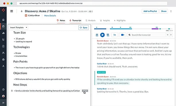 Avoma captura de tela da transcrição