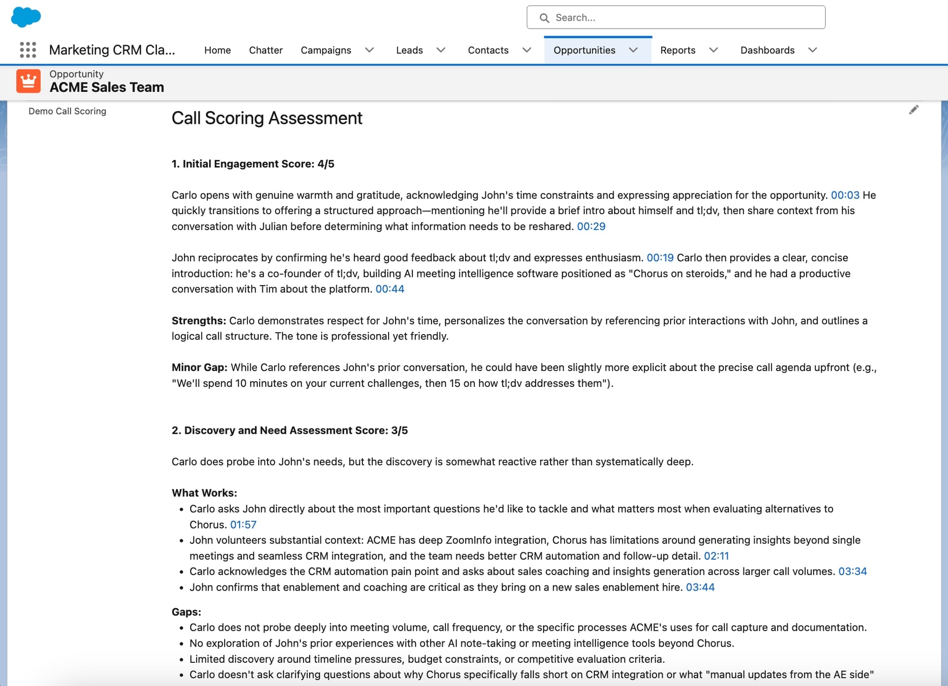 tl;dv's call scoring assessment synced automatically with Salesforce, under the Opportunity tab.