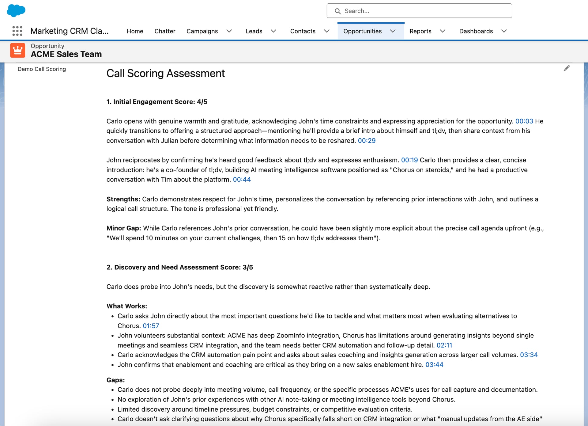 tl;dv's call scoring assessment synced automatically with Salesforce, under the Opportunity tab.