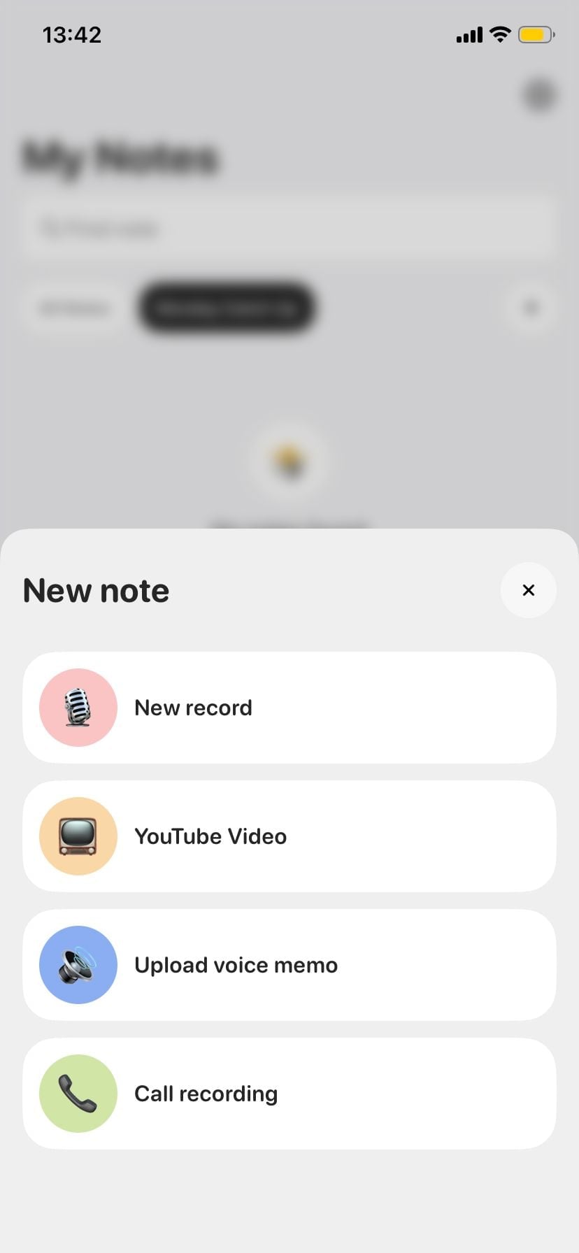 Screenshot: Notee's "New note" menu showing four input types (New record, YouTube Video, Upload voice memo, Call recording)
