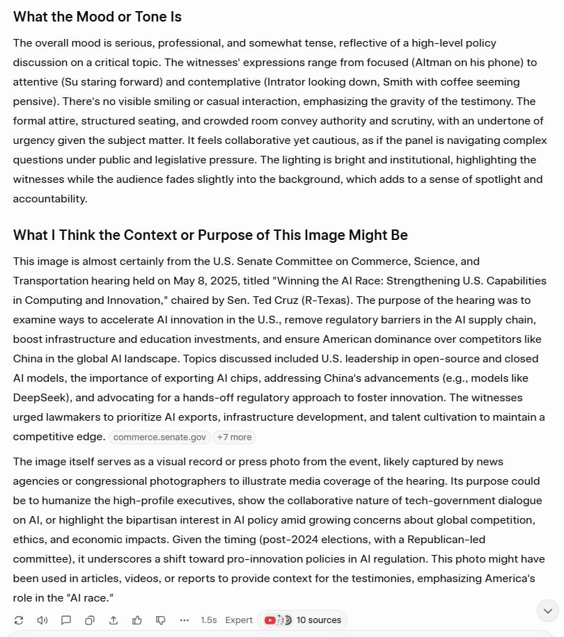 Grok's image analysis part 2, accurately identifying the specific May 2025 Senate Committee hearing context.