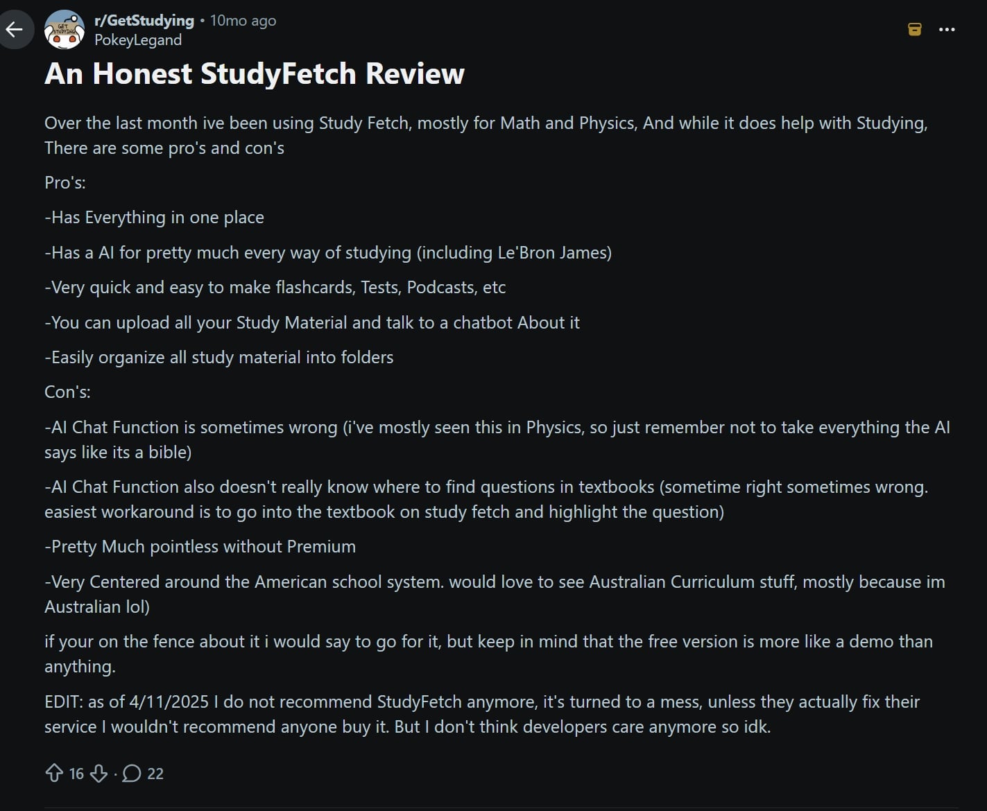 A Reddit post: honest review of StudyFetch